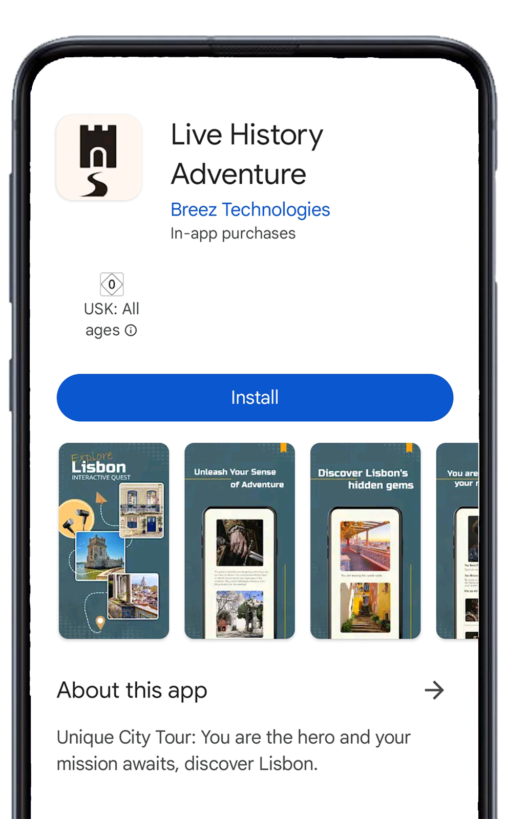 Live History app listing on a phone