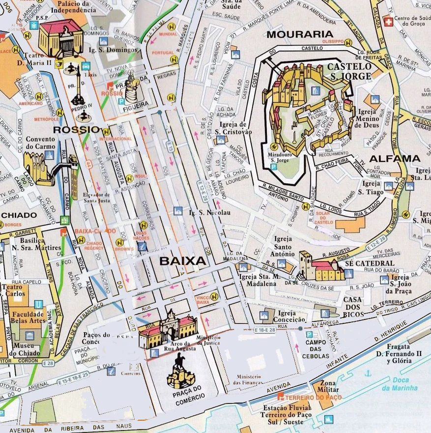Illustrated vintage map of central Lisbon
